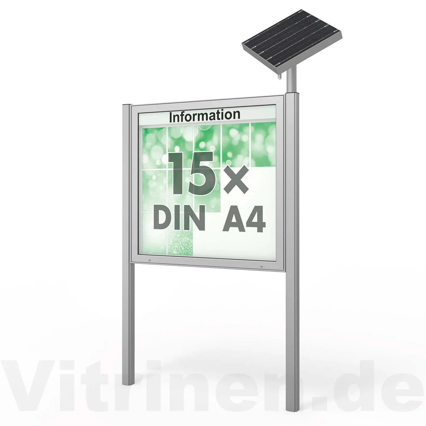 15 x DIN A4 Schaukasten Plenum eckig - der "Klassiker" mit Solar-Modul und Pfosten - Bautiefe 65mm